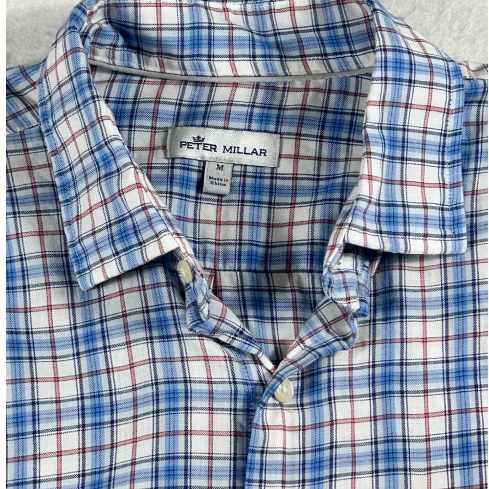 Peter Millar Mens M Plaid Button Down Shirt Blue Red 100% Cotton Long Sleeve